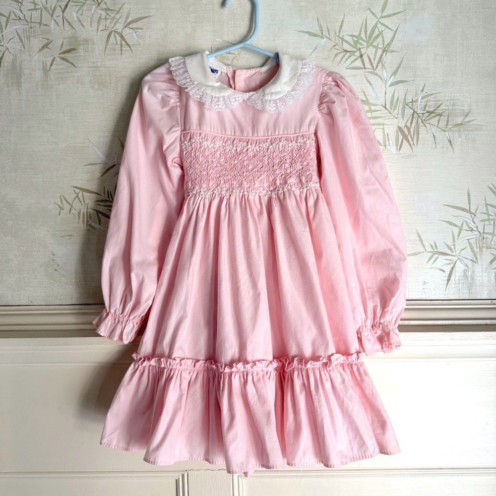 Vintage Polly Flinders Girls Smocked Dress 5 Pink Peter Pan Collar Ruffle 70s